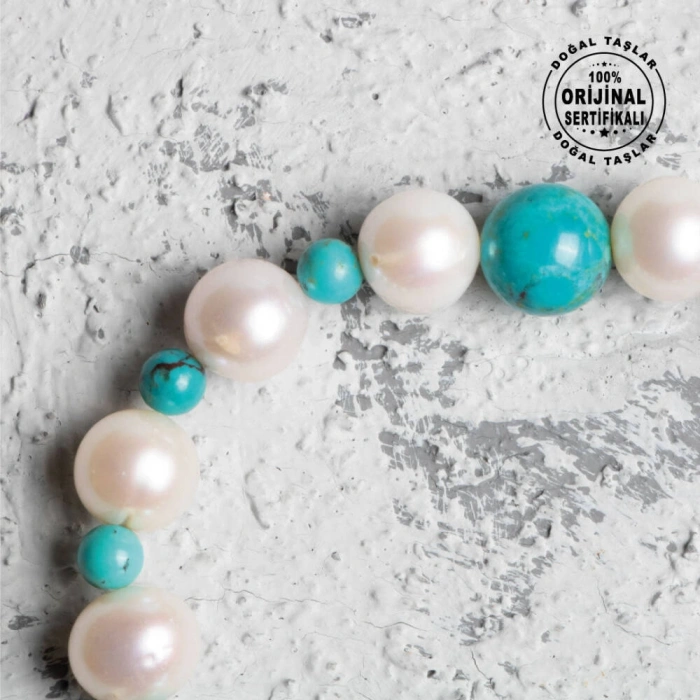 Sertifikalı Osmanlı İnci ve Firuze Doğal Taş Bileklik – Nazar Kalkanı