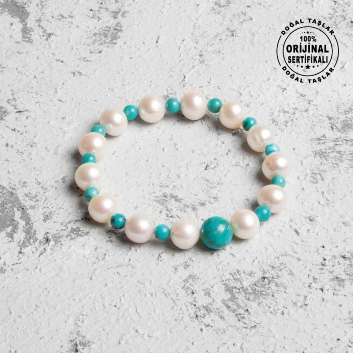 Sertifikalı Osmanlı İnci ve Firuze Doğal Taş Bileklik – Nazar Kalkanı