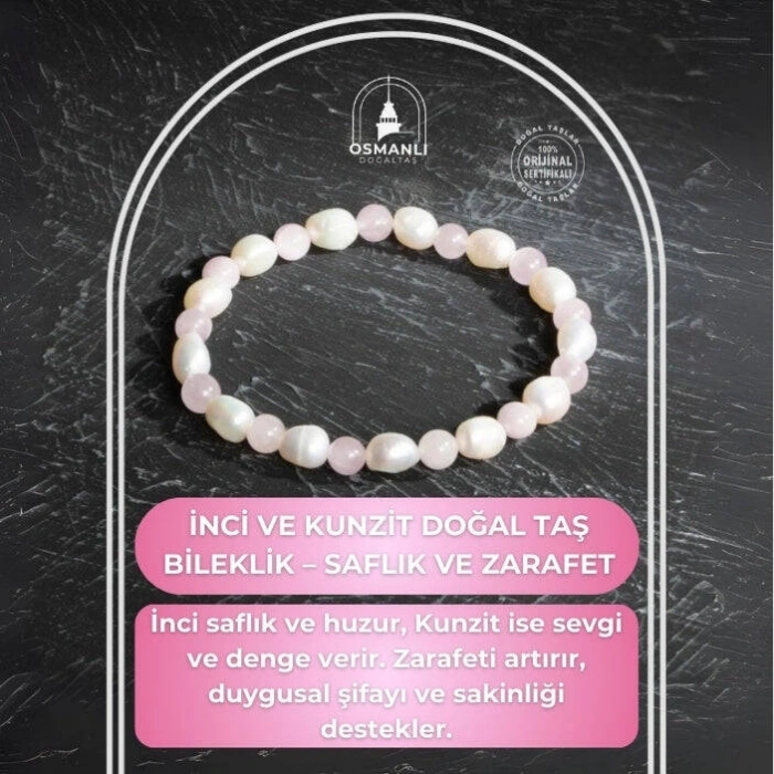 Sertifikalı Osmanlı İnci ve Kunzit Taş Bileklik – Saflık ve Zarafet