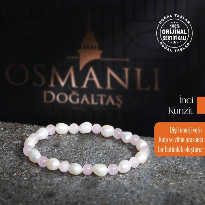 Sertifikalı Osmanlı İnci ve Kunzit Taş Bileklik – Saflık ve Zarafet