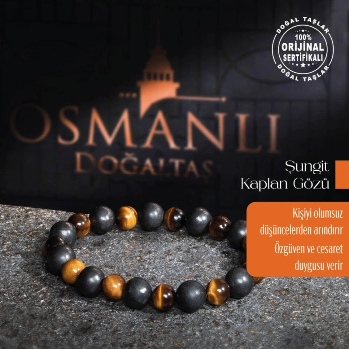 Sertifikalı Osmanlı Şungit ve Kaplan Gözü Taş Bileklik -Cesaret