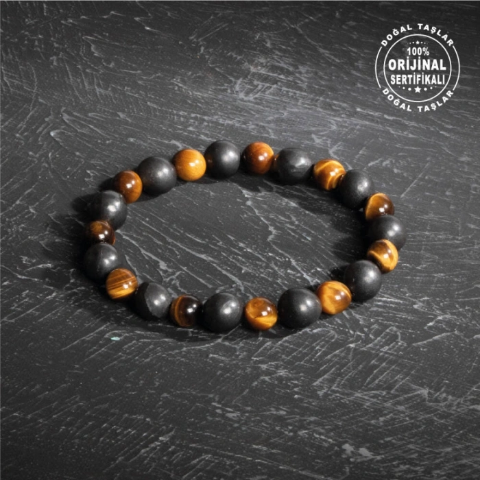 Sertifikalı Osmanlı Şungit ve Kaplan Gözü Taş Bileklik -Cesaret