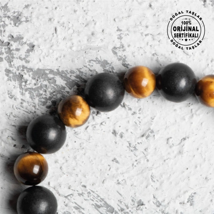 Sertifikalı Osmanlı Şungit ve Kaplan Gözü Taş Bileklik -Cesaret