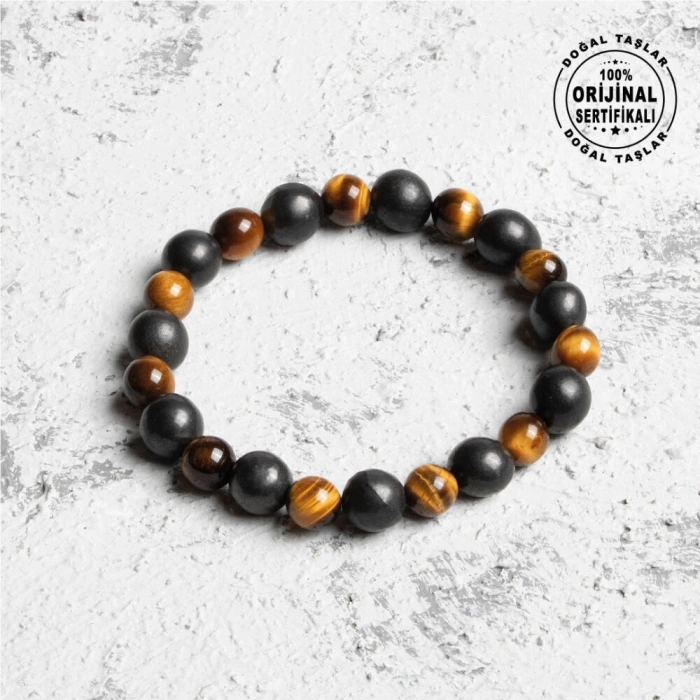 Sertifikalı Osmanlı Şungit ve Kaplan Gözü Taş Bileklik -Cesaret