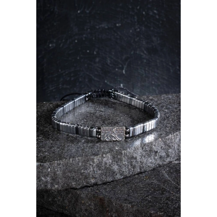 Sertifikalı Osmanlı Tuğrası Gümüş Aparatlı Hematit Doğal Taş Makrome Bileklik
