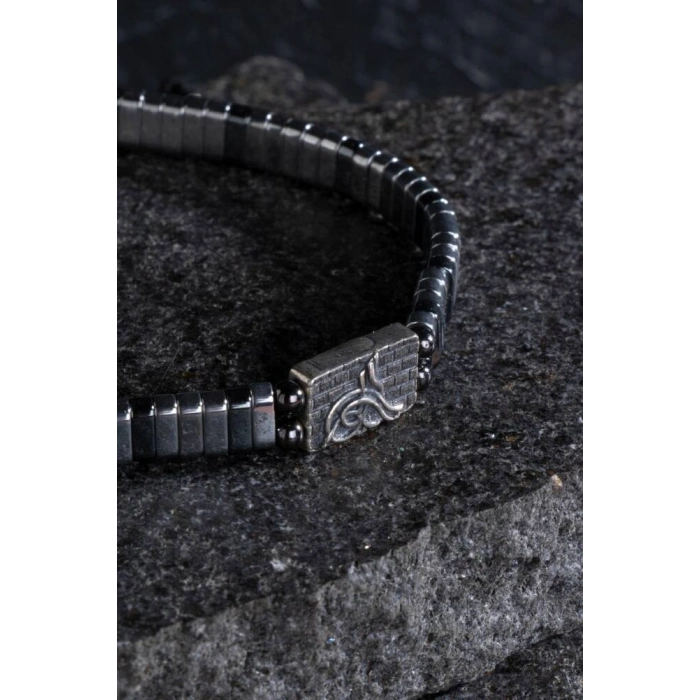 Sertifikalı Osmanlı Tuğrası Gümüş Aparatlı Hematit Doğal Taş Makrome Bileklik