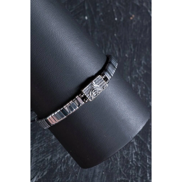 Sertifikalı Osmanlı Tuğrası Gümüş Aparatlı Hematit Doğal Taş Makrome Bileklik