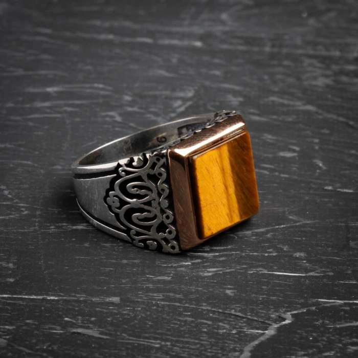 Sertifikalı Osmanlı Zarafet Kaplan Gözü Yüzük 925 Ayar Gümüş (Erkek)