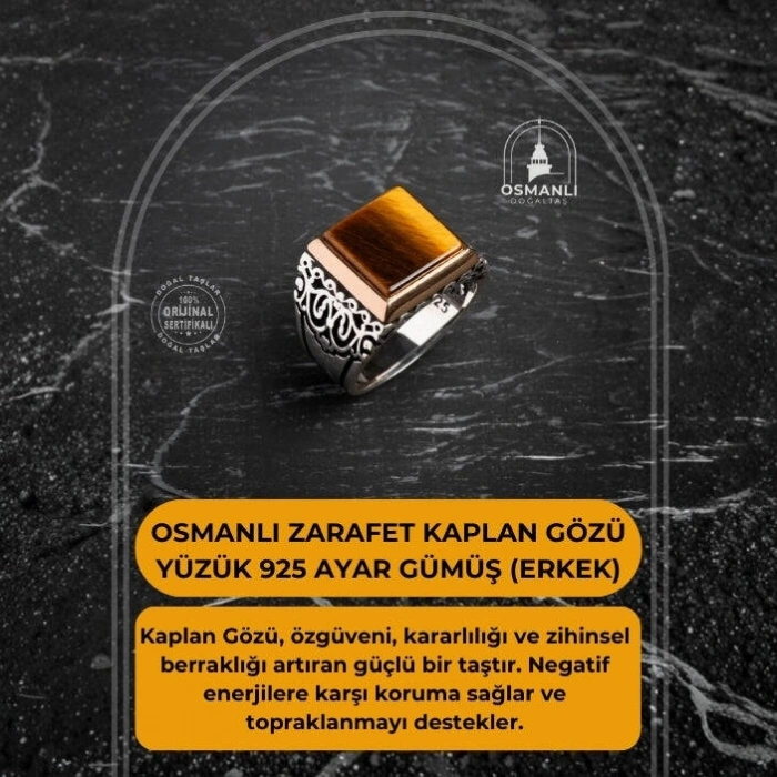 Sertifikalı Osmanlı Zarafet Kaplan Gözü Yüzük 925 Ayar Gümüş (Erkek)
