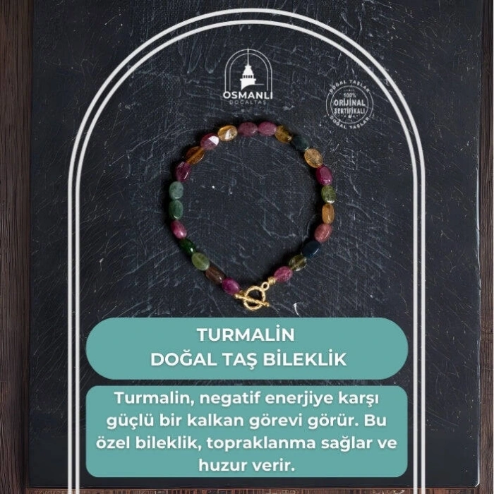 Sertifikalı Özel Kesim Turmalin  Altın Kaplama Gümüş Aparat Doğal Taş Bileklik