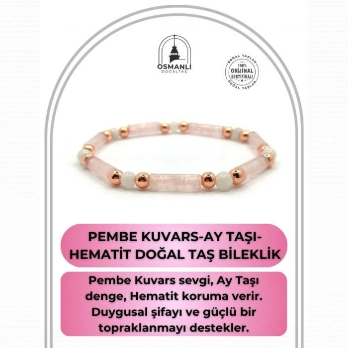 Sertifikalı Pembe Kuvars-Ay Taşı-Hematit Doğal Taş Bileklik