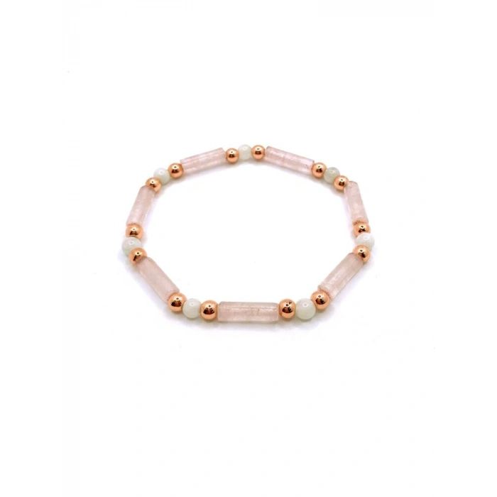 Sertifikalı Pembe Kuvars-Ay Taşı-Hematit Doğal Taş Bileklik