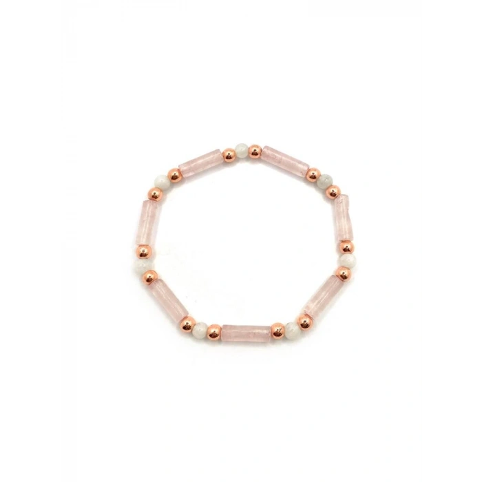 Sertifikalı Pembe Kuvars-Ay Taşı-Hematit Doğal Taş Bileklik