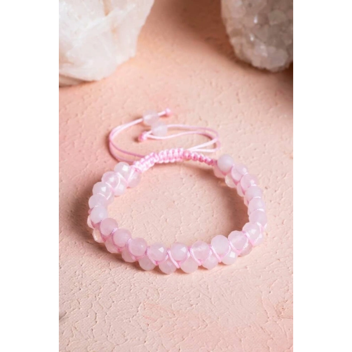 Sertifikalı Pembe Kuvars Çift Sıra Doğal Taş Makrome Bileklik (SK:077)