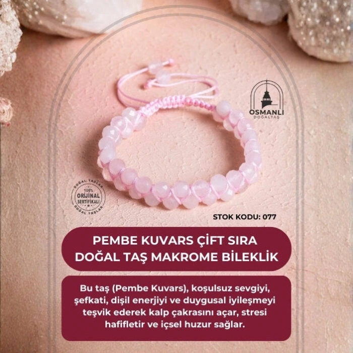 Sertifikalı Pembe Kuvars Çift Sıra Doğal Taş Makrome Bileklik (SK:077)
