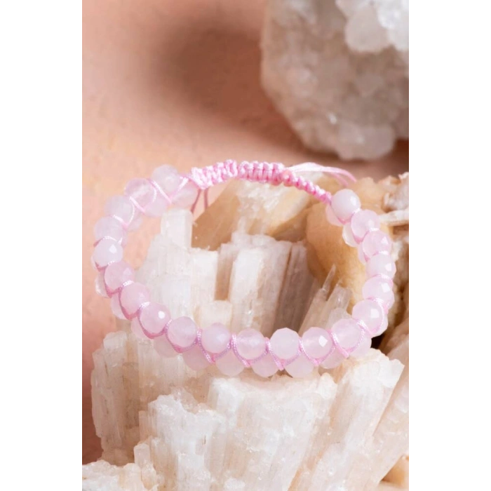 Sertifikalı Pembe Kuvars Çift Sıra Doğal Taş Makrome Bileklik (SK:077)