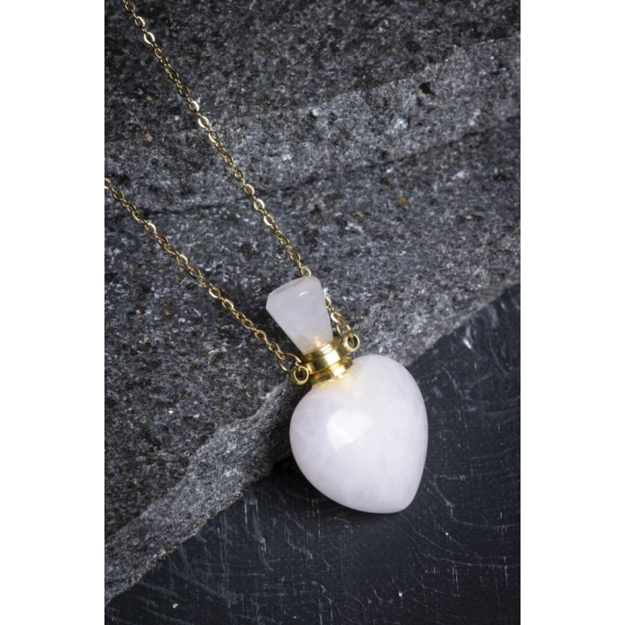 Sertifikalı Pembe Kuvars Doğal Taş Esans Şişesi Kolye