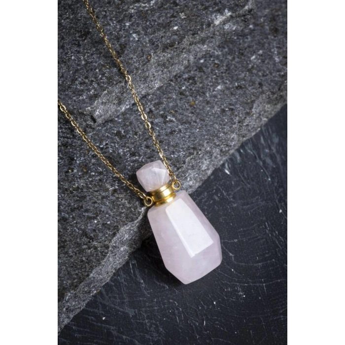 Sertifikalı Pembe Kuvars Doğal Taş Esans Şişesi Kolye