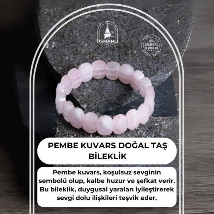 Sertifikalı Pembe Kuvars Geniş Kesim Doğal Taş Bileklik