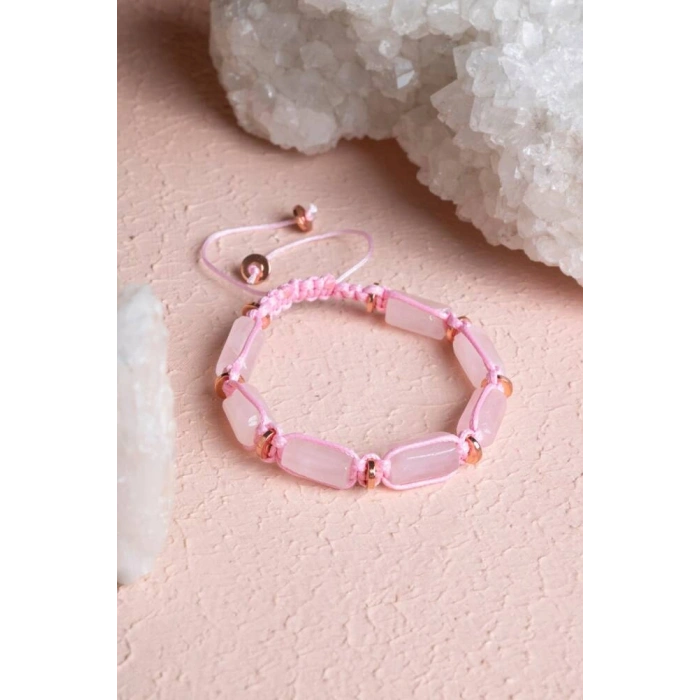 Sertifikalı Pembe Kuvars, Hematit Doğal Taş Makrome Bileklik