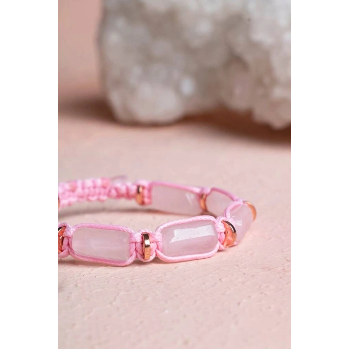 Sertifikalı Pembe Kuvars, Hematit Doğal Taş Makrome Bileklik