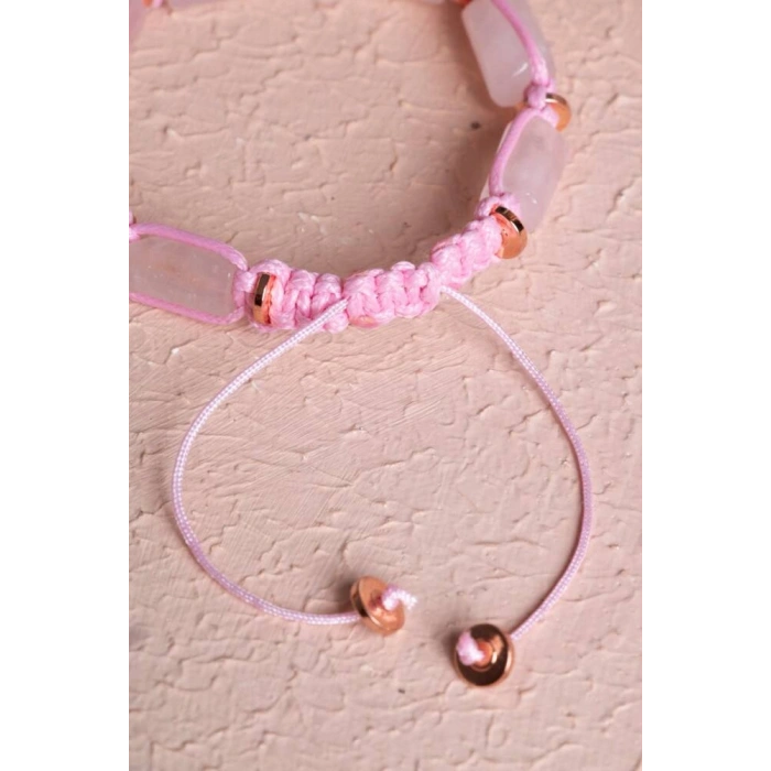 Sertifikalı Pembe Kuvars, Hematit Doğal Taş Makrome Bileklik