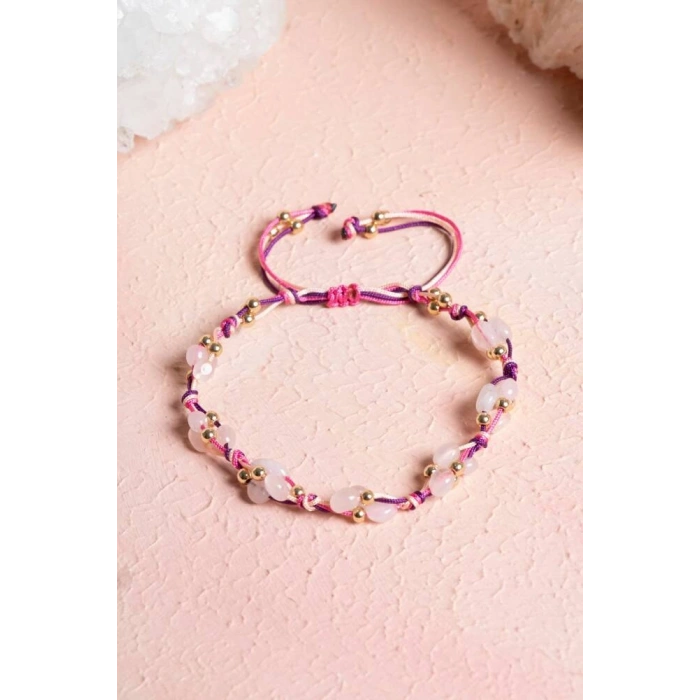 Sertifikalı Pembe Kuvars, Hematit Doğal Taş Makrome Bileklik (SK:237)