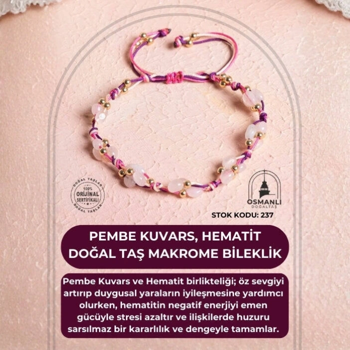 Sertifikalı Pembe Kuvars, Hematit Doğal Taş Makrome Bileklik (SK:237)
