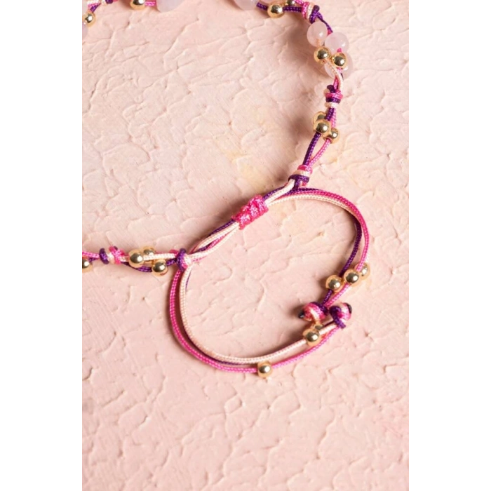 Sertifikalı Pembe Kuvars, Hematit Doğal Taş Makrome Bileklik (SK:237)