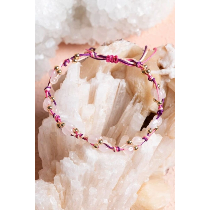 Sertifikalı Pembe Kuvars, Hematit Doğal Taş Makrome Bileklik (SK:237)