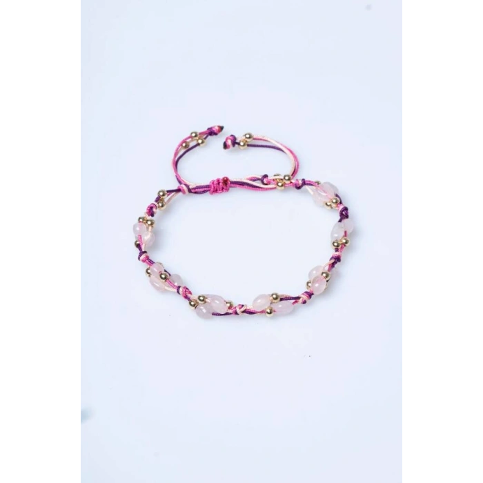 Sertifikalı Pembe Kuvars, Hematit Doğal Taş Makrome Bileklik (SK:237)