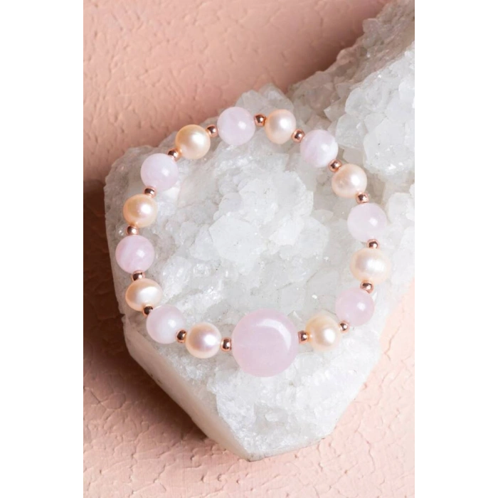 Sertifikalı Pembe Kuvars, İnci, Hematit Doğal Taş Bileklik