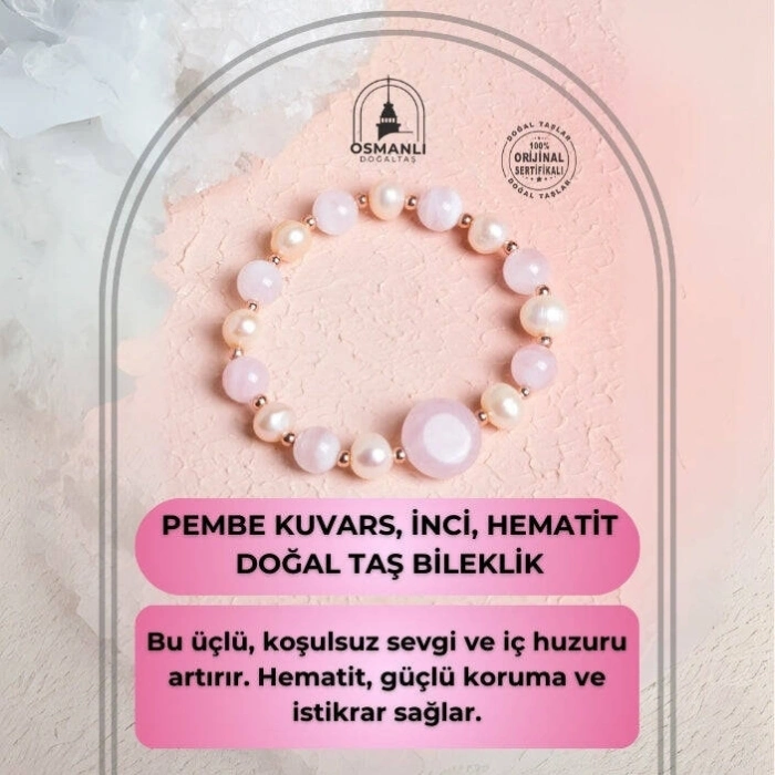 Sertifikalı Pembe Kuvars, İnci, Hematit Doğal Taş Bileklik