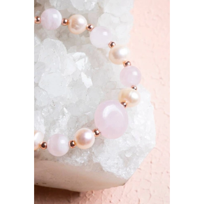 Sertifikalı Pembe Kuvars, İnci, Hematit Doğal Taş Bileklik