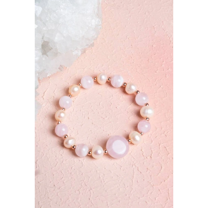 Sertifikalı Pembe Kuvars, İnci, Hematit Doğal Taş Bileklik