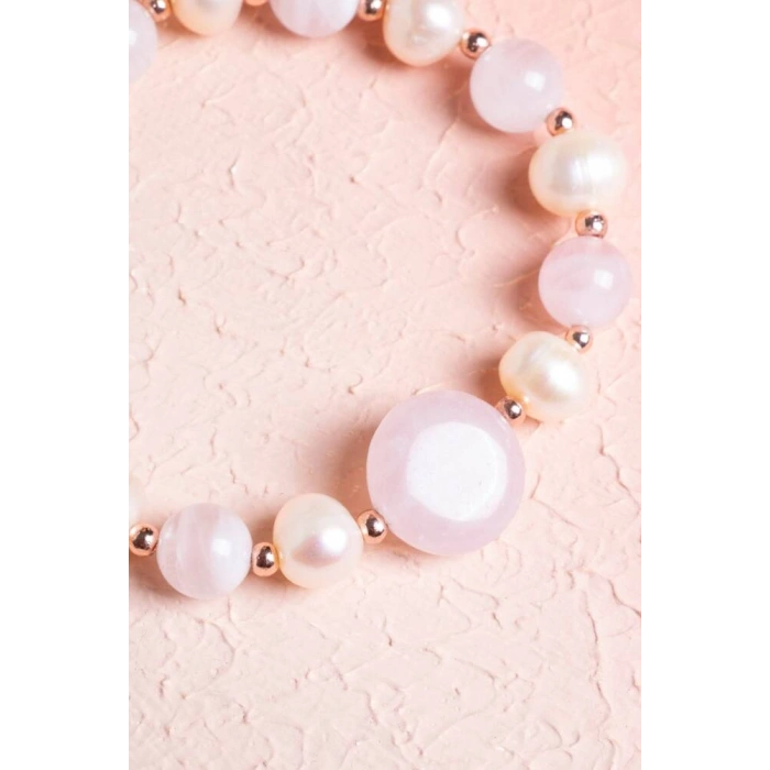 Sertifikalı Pembe Kuvars, İnci, Hematit Doğal Taş Bileklik