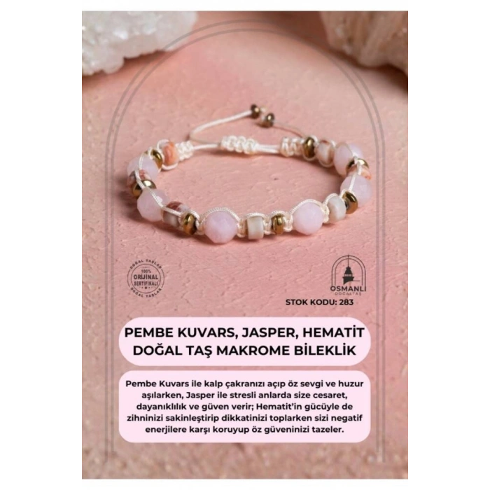 Sertifikalı Pembe Kuvars, Jasper, Hematit Doğal Taş Makrome Bileklik (SK:283)