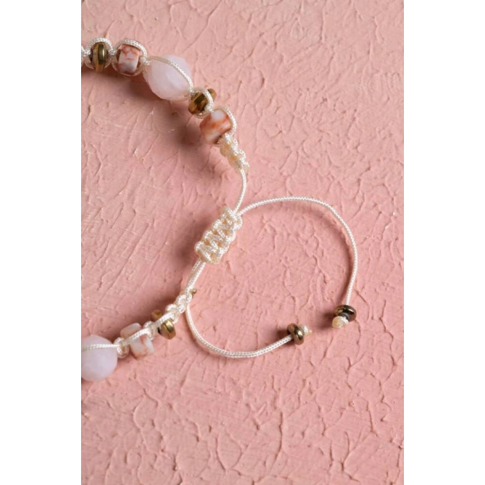 Sertifikalı Pembe Kuvars, Jasper, Hematit Doğal Taş Makrome Bileklik (SK:283)