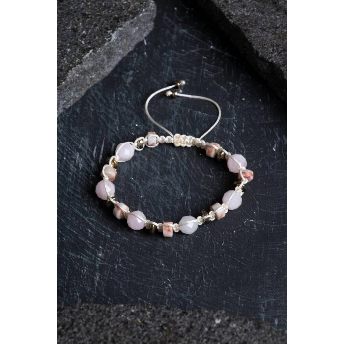 Sertifikalı Pembe Kuvars, Jasper ve Hematit Doğal Taş Makrome Bileklik (SK:159)