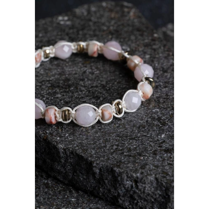 Sertifikalı Pembe Kuvars, Jasper ve Hematit Doğal Taş Makrome Bileklik (SK:159)