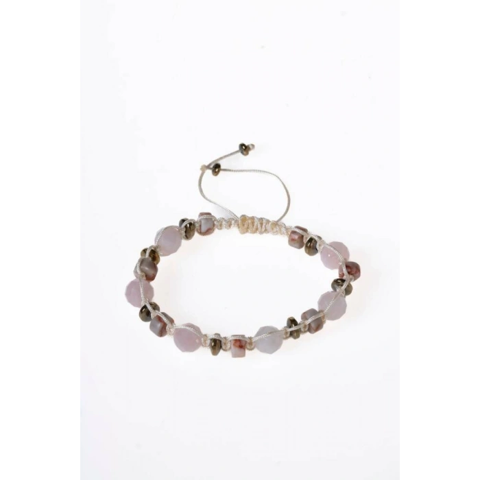 Sertifikalı Pembe Kuvars, Jasper ve Hematit Doğal Taş Makrome Bileklik (SK:159)