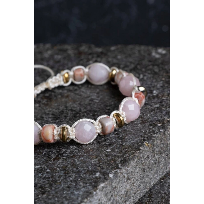 Sertifikalı Pembe Kuvars, Jasper ve Hematit Doğal Taş Makrome Bileklik (SK:162)