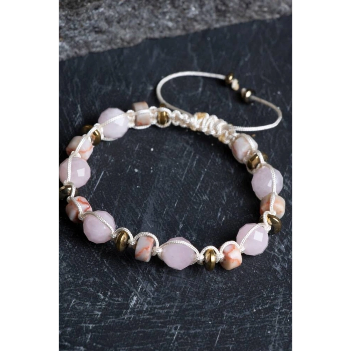 Sertifikalı Pembe Kuvars, Jasper ve Hematit Doğal Taş Makrome Bileklik (SK:162)