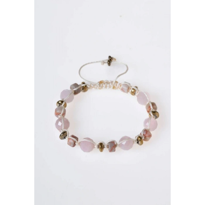 Sertifikalı Pembe Kuvars, Jasper ve Hematit Doğal Taş Makrome Bileklik (SK:162)