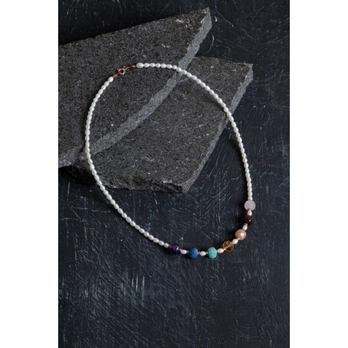 Sertifikalı Pembe Kuvars, Lal, Amazonit, Sitrin, Ametist, Güneş Taşı, Lapis, İnci Doğal Taş Kolye