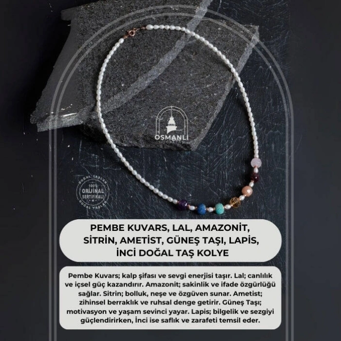 Sertifikalı Pembe Kuvars, Lal, Amazonit, Sitrin, Ametist, Güneş Taşı, Lapis, İnci Doğal Taş Kolye