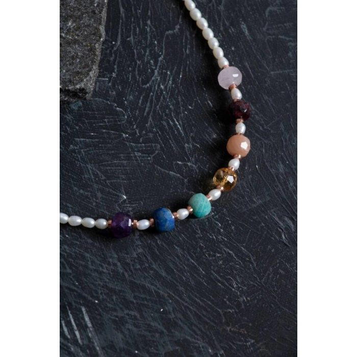 Sertifikalı Pembe Kuvars, Lal, Amazonit, Sitrin, Ametist, Güneş Taşı, Lapis, İnci Doğal Taş Kolye