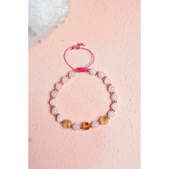 Sertifikalı Pembe Kuvars ,Sitrin Fasetli Doğal Taş Bileklik