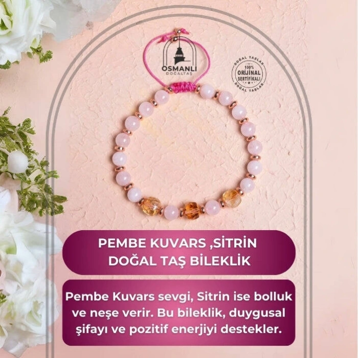 Sertifikalı Pembe Kuvars ,Sitrin Fasetli Doğal Taş Bileklik