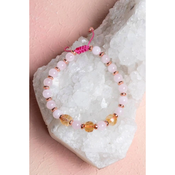 Sertifikalı Pembe Kuvars ,Sitrin Fasetli Doğal Taş Bileklik